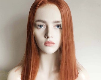 Women Lace Front Auburn Dark Red Ginger Brown Straight Medium Length Blunt Cut Middle Part Wig 14 Inches