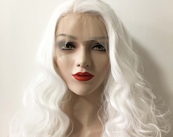 White Lace Front Wig, Long Wavy Synthetic Hair, 16 Inch