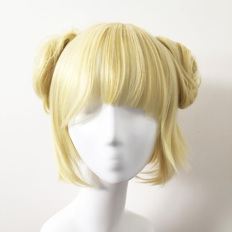 Cute Detachable Twin Bun Blonde Long Bob Bangs Cosplay Anime Wig