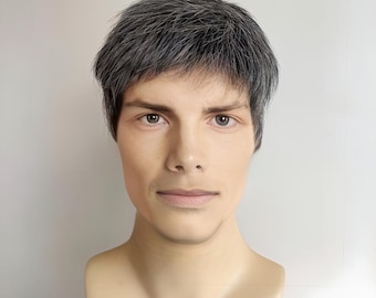 Heren pruik van mensenhaar zilvergrijs zout en peper grijze pruik voor mannen kort rechte zeer korte pony mannelijke alopecia pruik cadeau voor echtgenoot vader