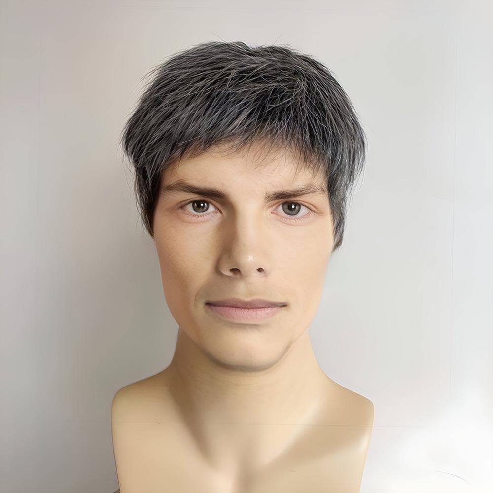 Men Silver Gray Human Hair Wig Salt And Pepper Grey Wig For Men Short Straight Very Short Bangs Male Alopecia Wig Gift For Husband Father