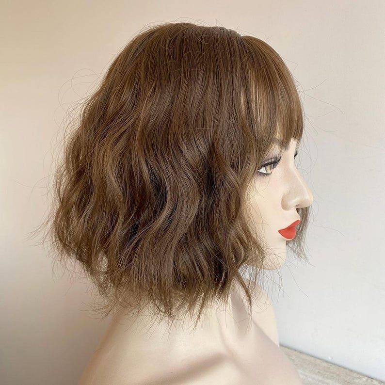 Dark Brown Curly Wig Short Bob Wig With Bangs Brown Women Wavy Water Wave Female Wig Natural Looking Glueless Wig