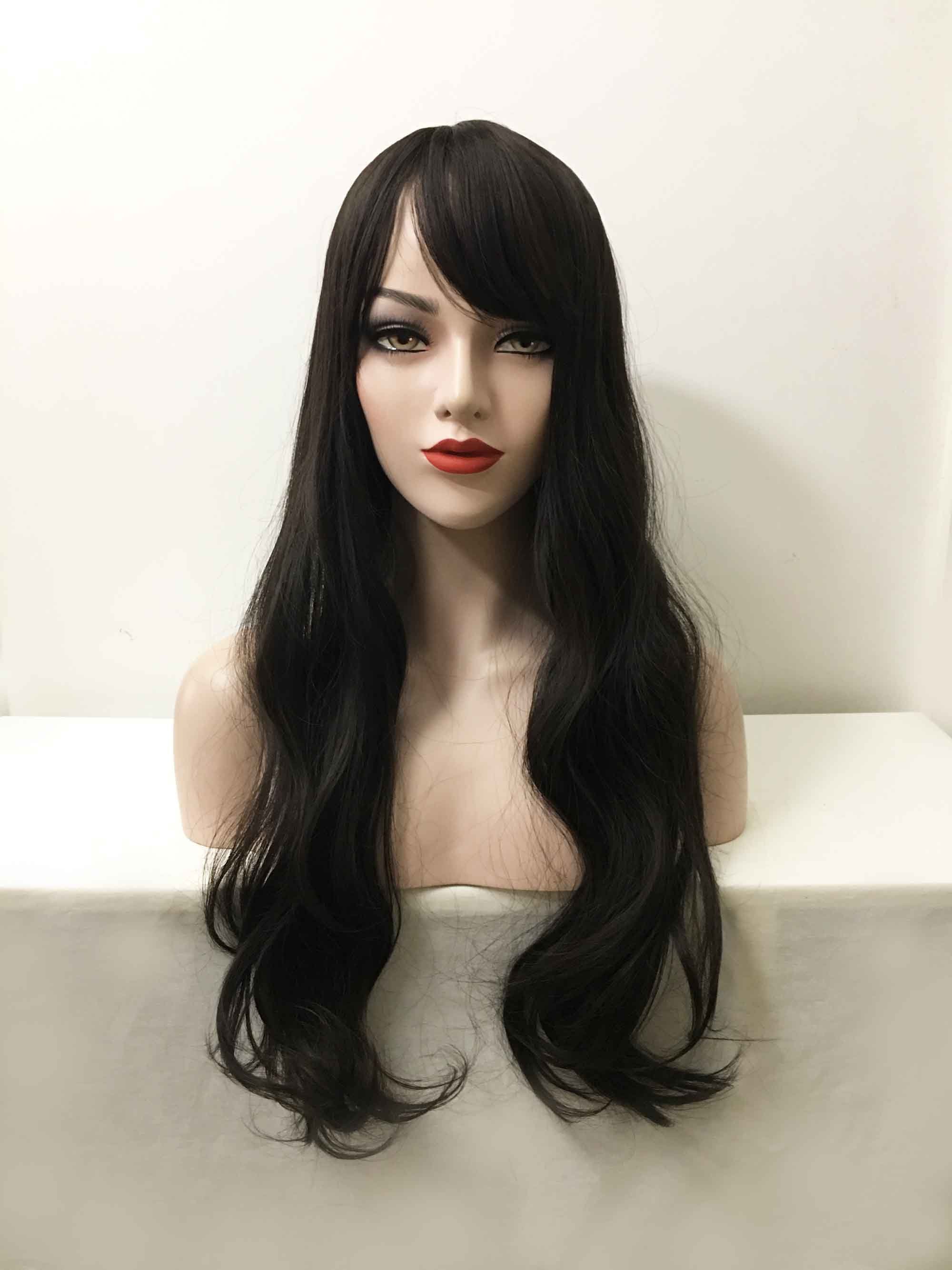 Women Natural Wavy Black Curl Fringe Air Bangs Long Hair 