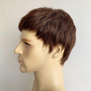 Men Dark Brown Wig Real Human Hair Wig With Flat Bangs Wig Natural Looking Short Straight Hair Male Alopecia Wig Cosplay Costume Wig