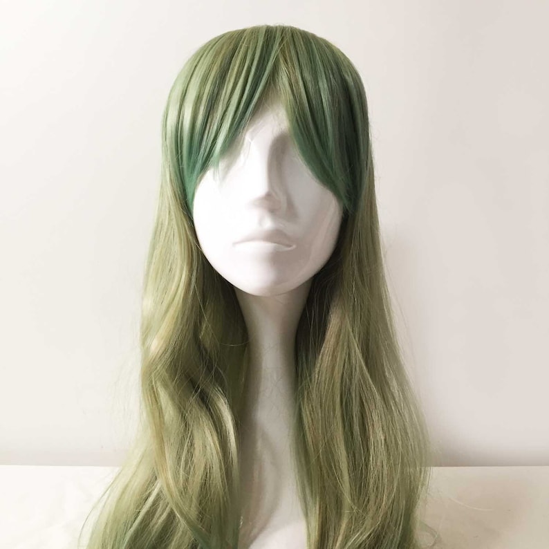 Women Ombre Green Fading Long Straight Wavy Side Swept Bangs Etsy