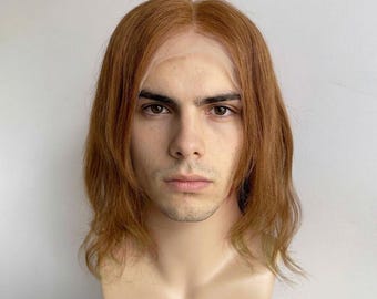 Men Brown Human Hair Wig Lace Front 60s Retro Hippie Style Middle Part Long Straight