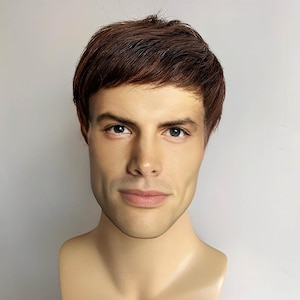 Men Dark Brown Wig Real Human Hair Wig With Flat Bangs Wig Natural Short Straight Hair Male Alopecia Wig Cosplay Wig Gift For Husband Father