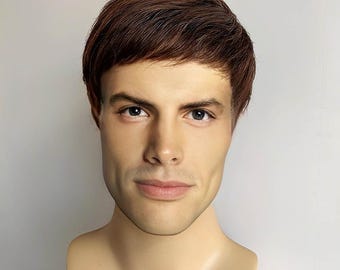 Mannen Donkerbruine Pruik Echt haarpruik met platte pony Pruik Natuurlijke kort steil haar Mannelijke Alopecia-pruik Cosplaypruik Cadeau voor echtgenoot vader