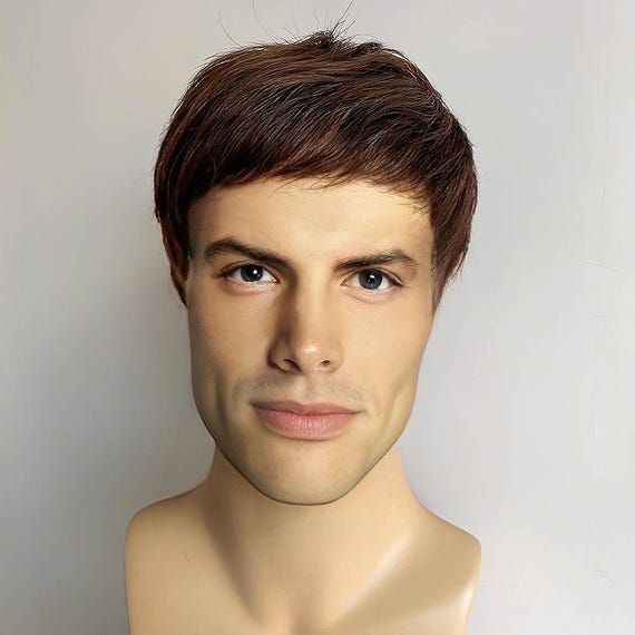Men Dark Brown Wig Real Human Hair Wig With Flat Bangs Wig Natural Short Straight Hair Male Alopecia Wig Cosplay Wig Gift For Husband Father