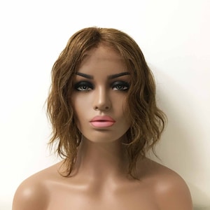 Women Lace Front Brazilian Human Hair Brown Short Wavy Middle Part Wig 10 inches