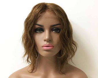 女性用レースフロント ブラジル産人毛 ブラウン ショート ウェーブ ミドルパート ウィッグ 10インチ