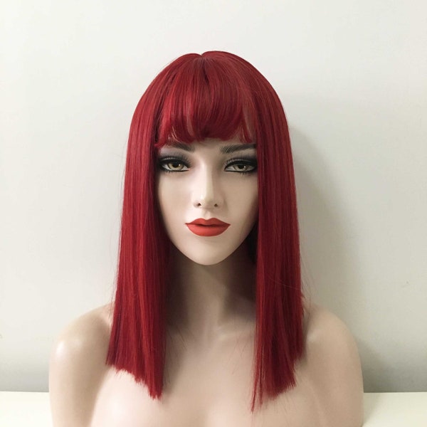 Women Cherry Red Tone Straight Blunt Cut Wispy Air Bangs Hair Medium Length Wig