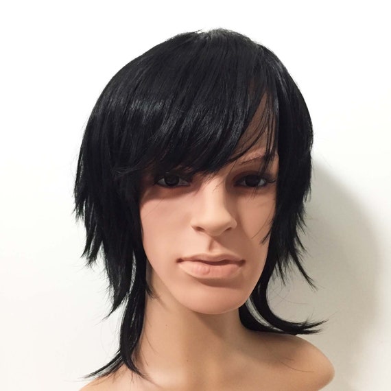 Men Black Mullet Fringe Bangs Layered Long Straight Hair Etsy