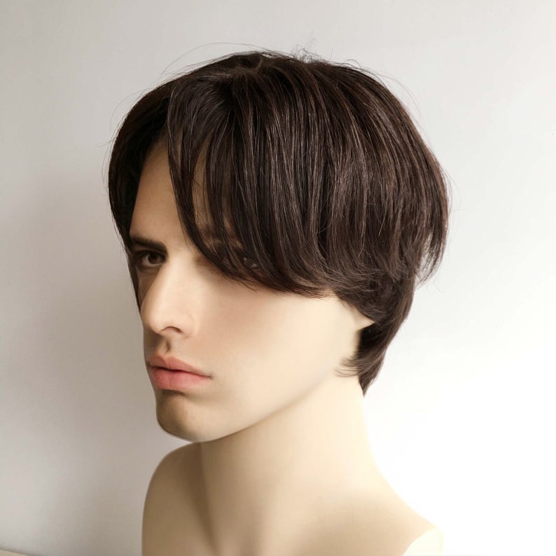 Men Dark Brown Real Human Hair Short Straight Side Part Curtain Bangs Wig