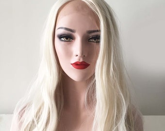 Lace Front Women White Middle Part Wavy Long Hair Wig Free Cap 22 inches