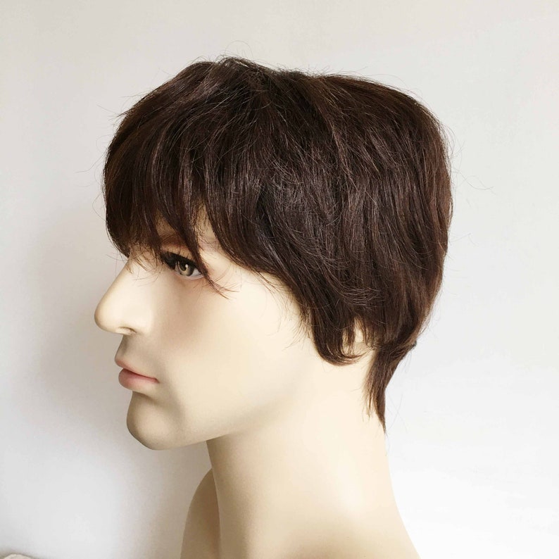 Men Dark Brown Real Human Hair Shaggy Textured Natural Fringe Bangs Short Straight Wig