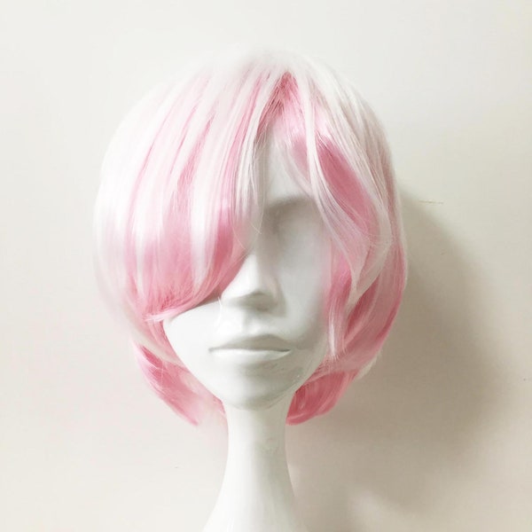 White Pink White Two Tone  Short Straight Hair Long Fringe Bangs Cosplay Wig