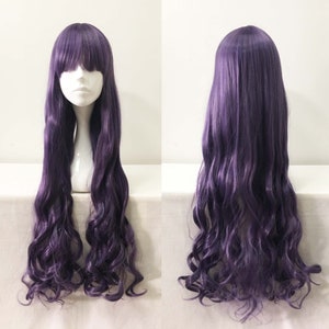 Women Purple Extra Long Curly Wavy Bob Bangs Anime Cosplay Wig Free CAp