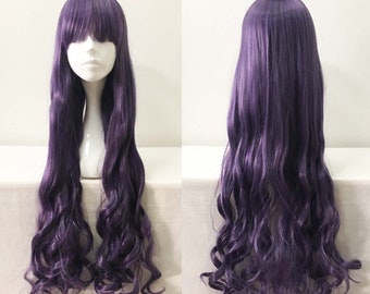 Women Purple Extra Long Curly Wavy Bob Bangs Anime Cosplay Wig Free CAp
