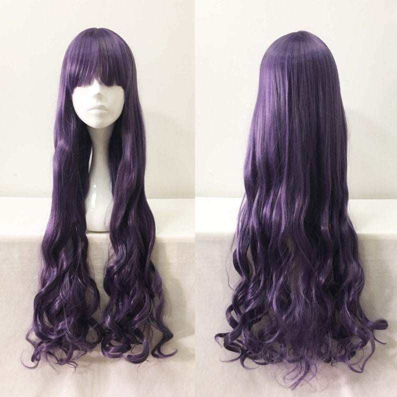 Women Purple Extra Long Curly Wavy Bob Bangs Anime Cosplay Wig Free CAp image 1