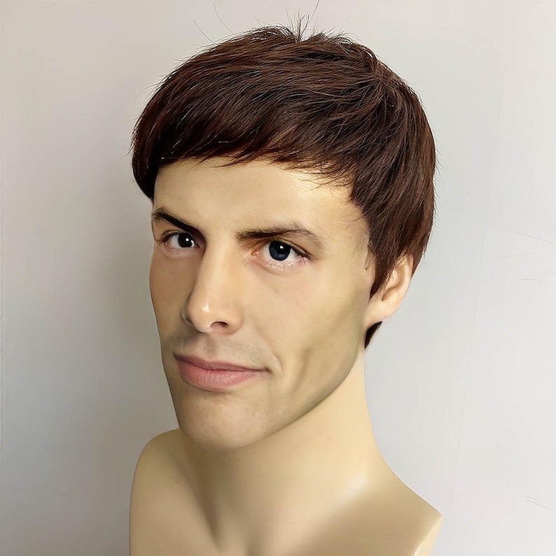 Men Dark Brown Wig Real Human Hair Wig With Flat Bangs Wig Natural Looking Short Straight Hair Male Alopecia Wig Cosplay Costume Wig