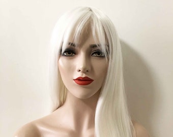 Women Snow White Long Straight Fringe Bangs Smooth Thick Hair Synthetic Wig 26 inches