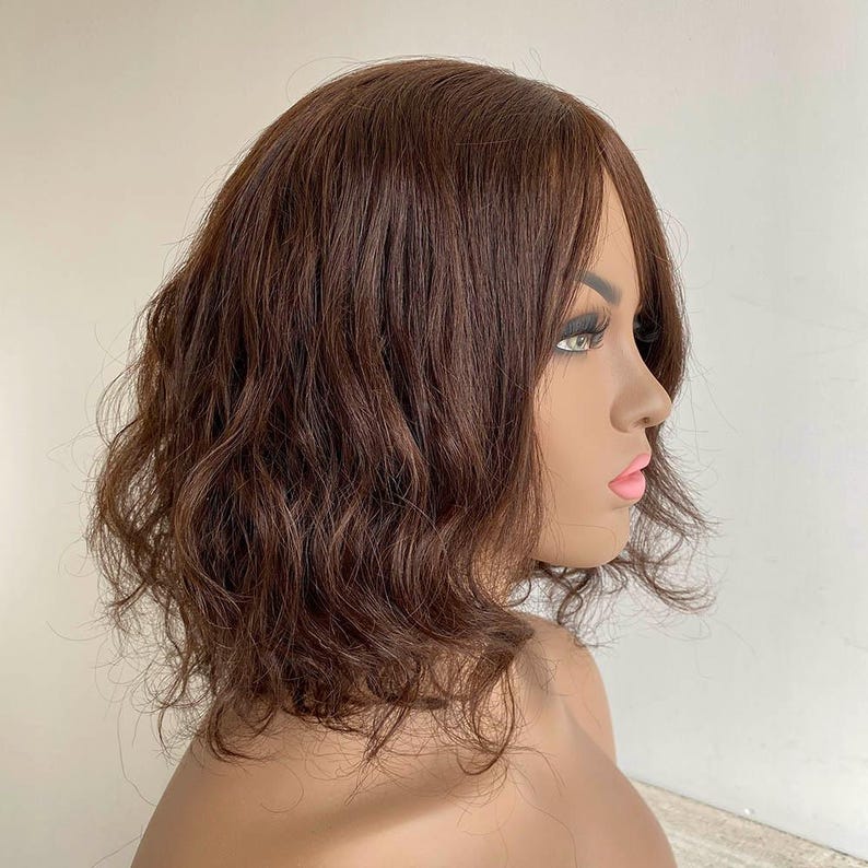 Dark Brown Human Hair Wig For Women Short Bob Curly Wig With Bangs Straight Real Hair Long Bangs Ladies Wig Natural Chemo Wig