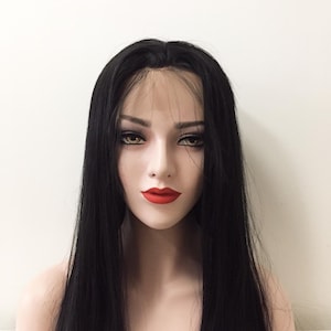 Women Lace Front Black Pre Plucked Baby Hair Bangs Long Straight Hair Wig 22 Inches
