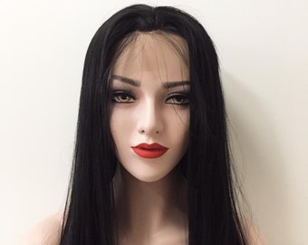 Women Lace Front Black Pre Plucked Baby Hair Bangs Long Straight Hair Wig 22 Inches