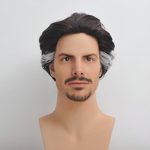 Dark Brown Wig For Men Mature Mid-Age Silver White Highlight Wig Short Slicked Back Glueless Wig Halloween Cosplay Costume Wig Husband Gift