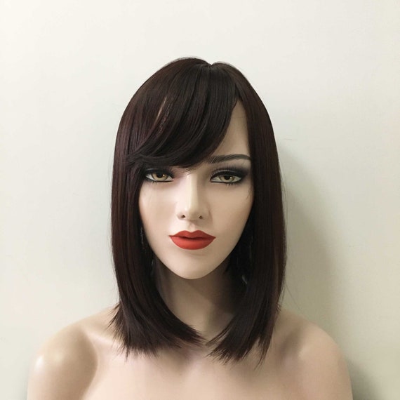 Women Dark Brown Wispy Fringe Bangs Side Part Straight Hair Medium Length Wig