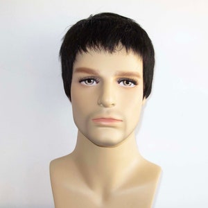 Men Black Real Human Hair Very Short Straight Flat Very Short Fringe Bangs Wig