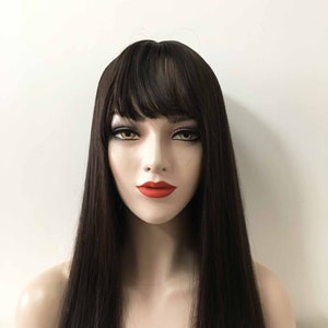 Women Natural Black Long Straight Hair Blunt Cut Cosplay Synthetic Wig With Thin Bangs