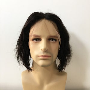 Men Lace Front 13X6 Brazilian Human Hair Natural Black Short Wavy Middle Part A-Line Wig 8 inches