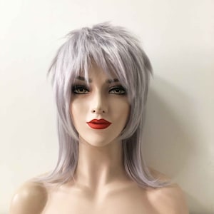 Emo Wig Unisex Silver Gray Punk Mullet Style Fringe Bangs Layered Straight Medium Length Hair Wig