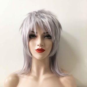 Emo Wig Silver Gray Punk Wolf Cut Mullet Wig With Bangs Straight Medium Length Scene Wig  Costume Party Grey Wig
