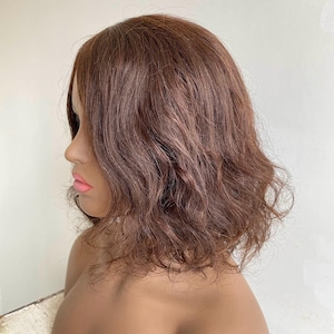 Dark Brown Human Hair Wig For Women Short Bob Curly Wig With Bangs Straight Real Hair Long Bangs Ladies Wig Natural Chemo Wig