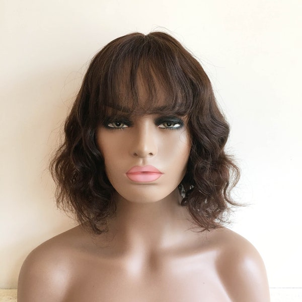 Women Real Human Hair Dark Brown Thin Fringe Bangs Short Bob Curly Hair Wig 8 Inches