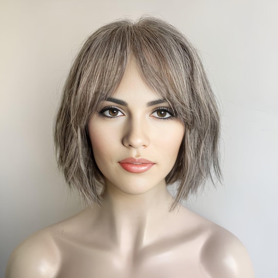 Grey Human Hair Wigs For Women Lace Front Wig With Bangs Gray Silver Short Bob Wavy Wig Salt And Pepper Chemo Alopecia Wig