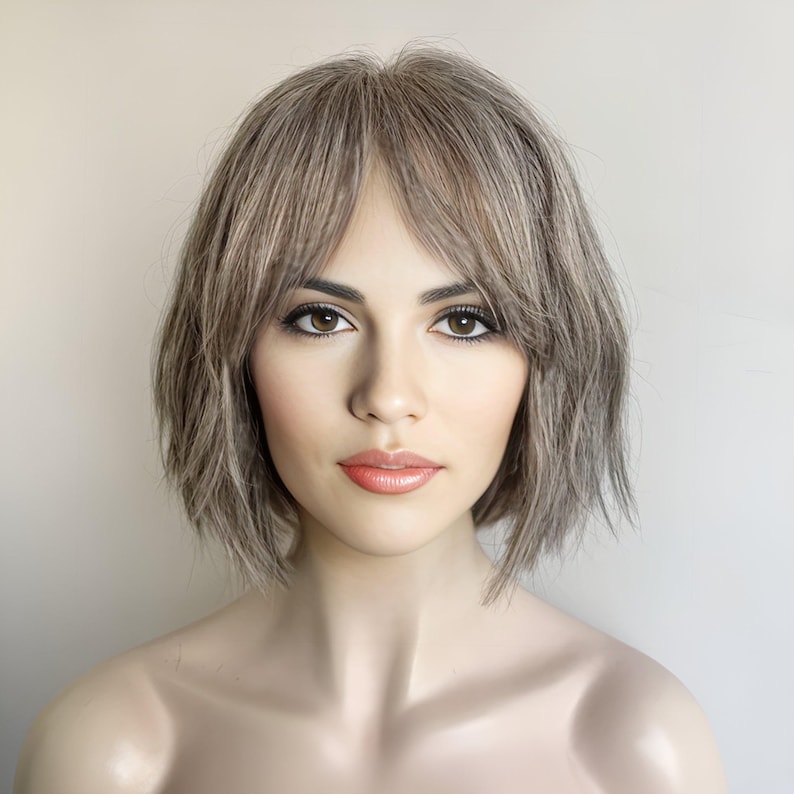 Grey Human Hair Wigs For Women Lace Front Wig With Bangs Gray Silver Salt And Pepper Wig Short Bob Slight Wavy Chemo Alopecia Wig