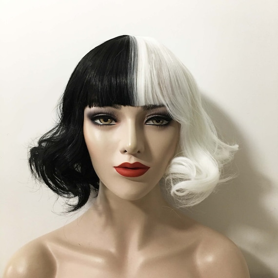 Women Black White Split Color Two Tone Short Curly Blunt Bangs Etsy