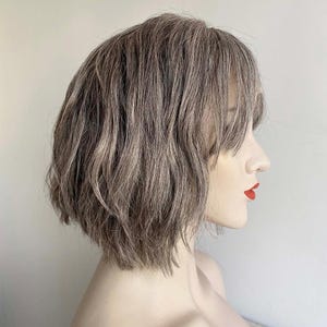 Grey Human Hair Wigs For Women Lace Front Wig With Bangs Gray Silver Salt And Pepper Wig Short Bob Slight Wavy Chemo Alopecia Wig