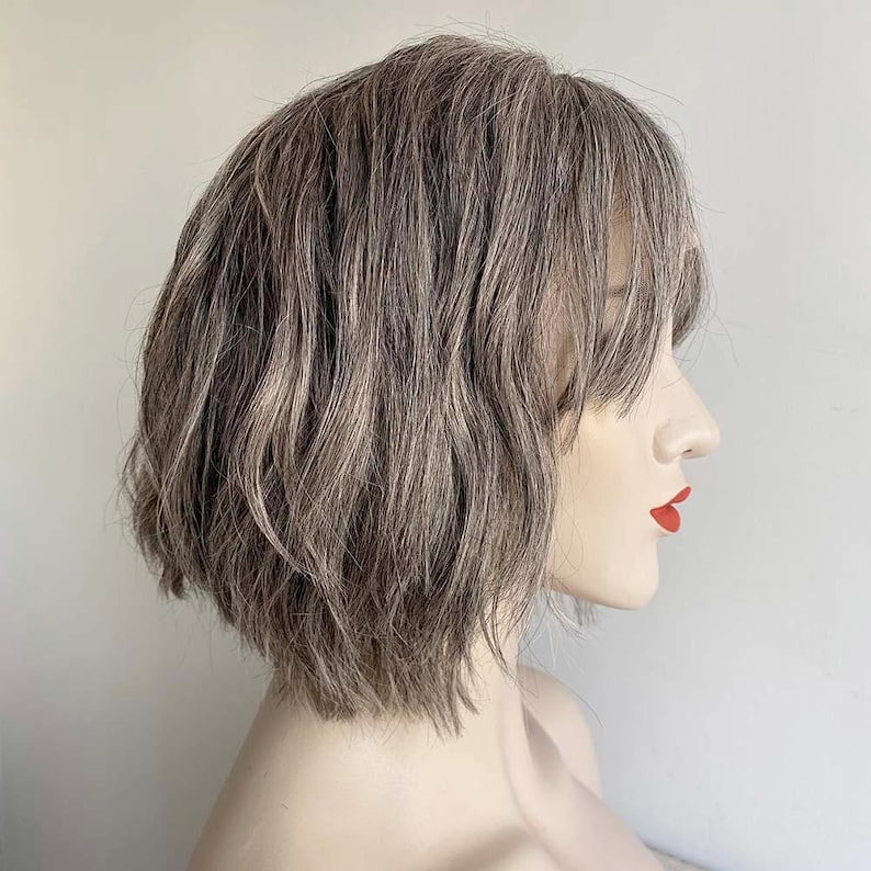 Grey Human Hair Wigs For Women Lace Front Wig With Bangs Gray Silver Salt And Pepper Wig Short Bob Slight Wavy Chemo Alopecia Wig
