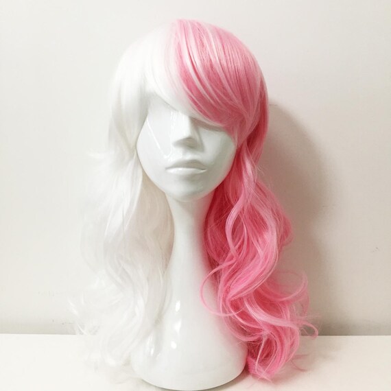 Women Pink White Ombre Two Tone Colors Long Wavy Curly Cosplay Etsy