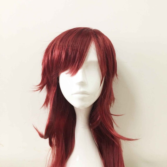 Men Dark Red Long Layer Fringe Bangs Hair Cosplay Anime Unisex Wig