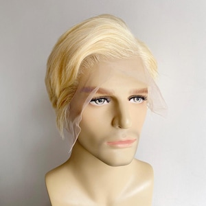 Men Blonde Human Hair Wig Lace Front Wig For Male Short Straight Real Hair Wig Cosplay Costume Natural Wig 13X6 Frontal Lace Wig Side Part