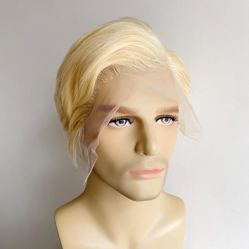Men Blonde Human Hair Wig Lace Front Wig For Male Short Straight Real Hair Wig Cosplay Costume Natural Wig 13X6 Frontal Lace Wig Side Part
