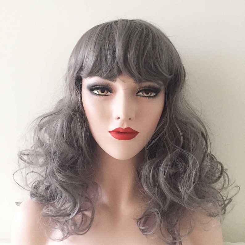 Women Gray Bob Bangs Big Curly Thick Volume Cosplay Party Long Etsy
