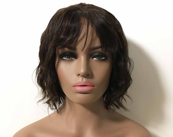 Natural Black Human Hair Wig For Women Lace Front Wigs With Bangs Short Wavy Curly Wig Natural Real Looking Glueless Wig 8 inches