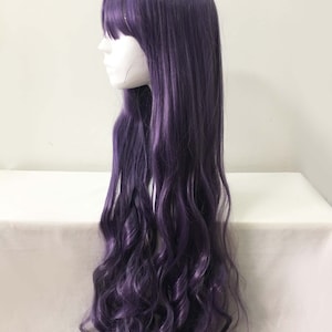 Women Purple Extra Long Curly Wavy Bob Bangs Anime Cosplay Wig Free CAp image 3